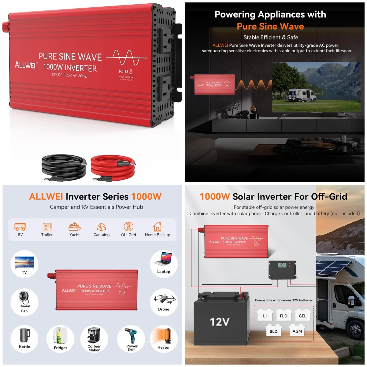 1000W Pure Sine Wave Inverter 12V to 110V/120V AC Converter with 2 Sockets for Home, RV, Off-Grid Solar
1000W Pure Sine Wave Inverter 12V to 110V/120V AC Converter with 2 Sockets for Home, RV, Off-Grid Solar