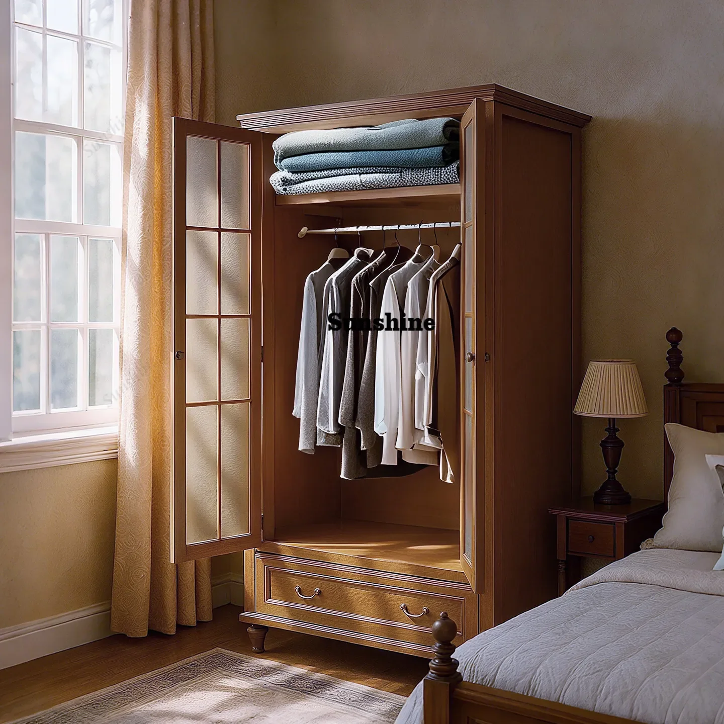 American door solid wood wardrobe large capacity with glass door, household bedroom independent small apartment storageY
American door solid wood wardrobe large capacity with glass door, household bedroom independent small apartment storageY