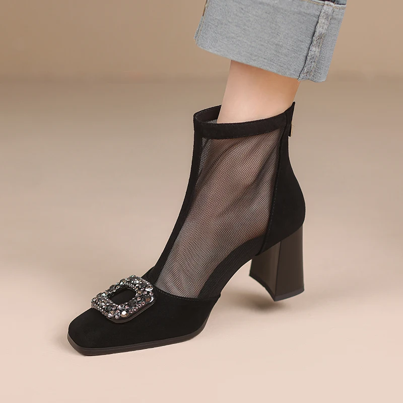 Suede Genuine Leather 34-43 Rhinestone Buckle Mesh Boots Women Spring Summer Chunky Heel Square Toe Lace Up Ankle Boots
Suede Genuine Leather 34-43 Rhinestone Buckle Mesh Boots Women Spring Summer Chunky Heel Square Toe Lace Up Ankle Boots