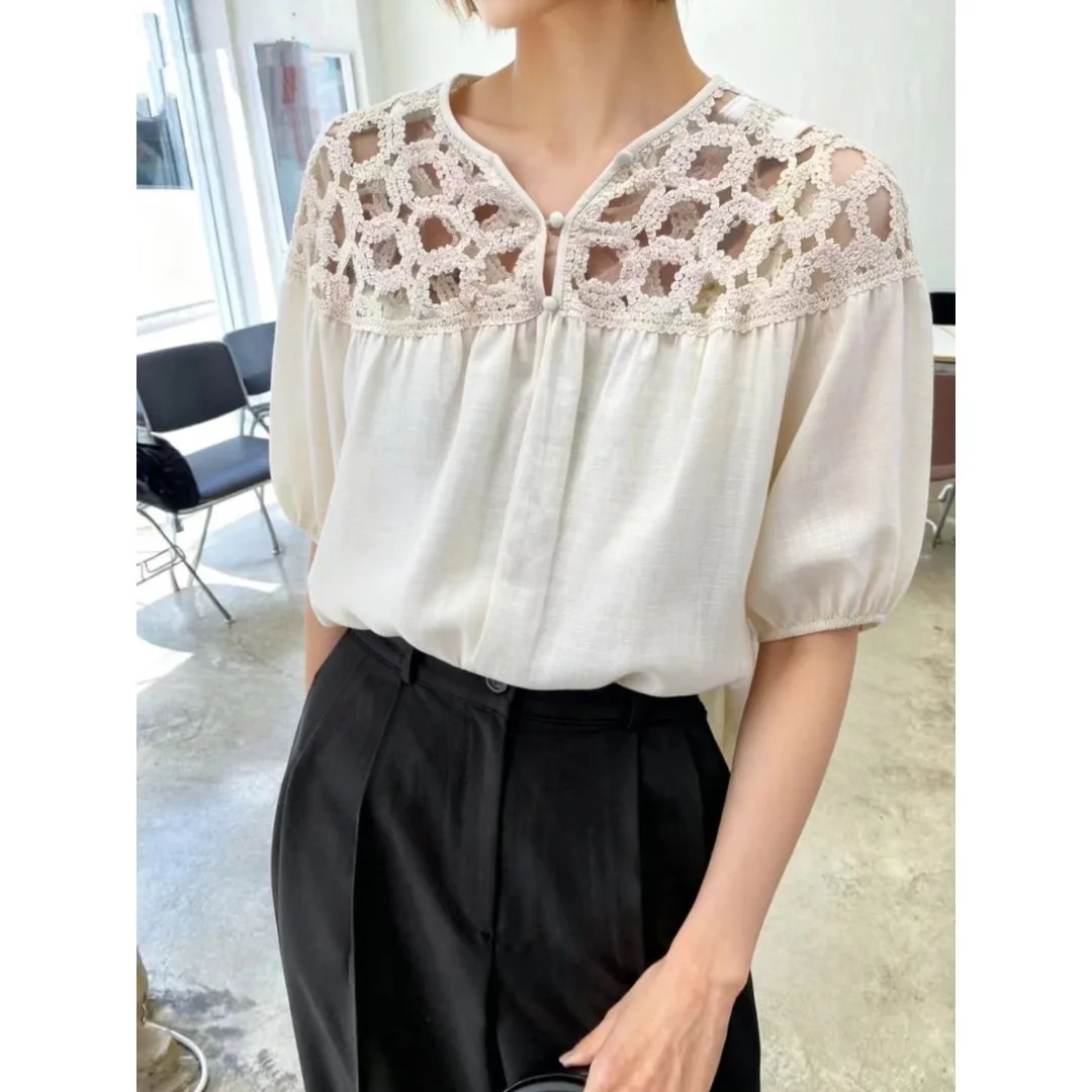 Fashionable Slimming Loose Cotton Linen Short Sleeve Shirt Lace Splicing Hollow out Korean Style Top Women's Summer Shirt
Fashionable Slimming Loose Cotton Linen Short Sleeve Shirt Lace Splicing Hollow out Korean Style Top Women's Summer Shirt