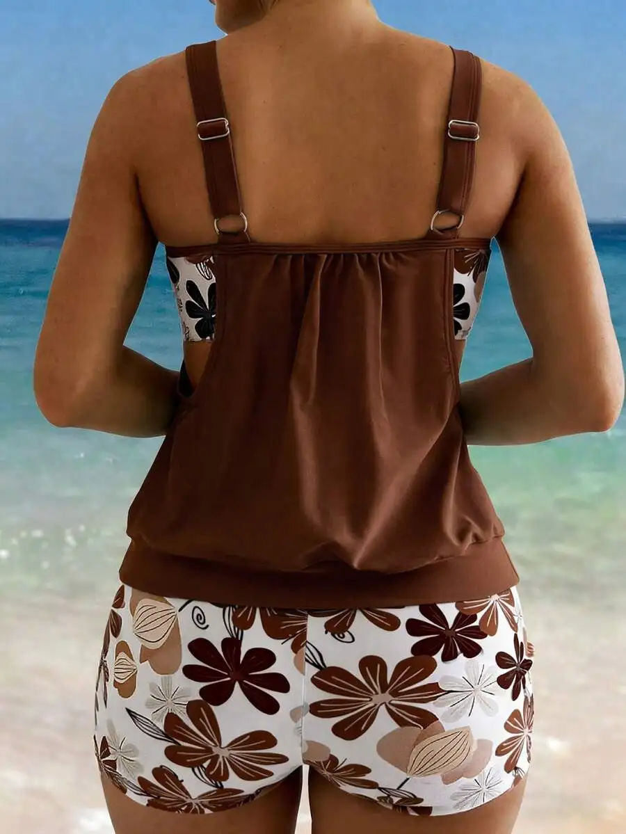 Brown Spaghetti Strap Ruched Back Top With White Floral Print Shorts Two-Piece Beach Swimwear Set For Summer Vacation
Brown Spaghetti Strap Ruched Back Top With White Floral Print Shorts Two-Piece Beach Swimwear Set For Summer Vacation