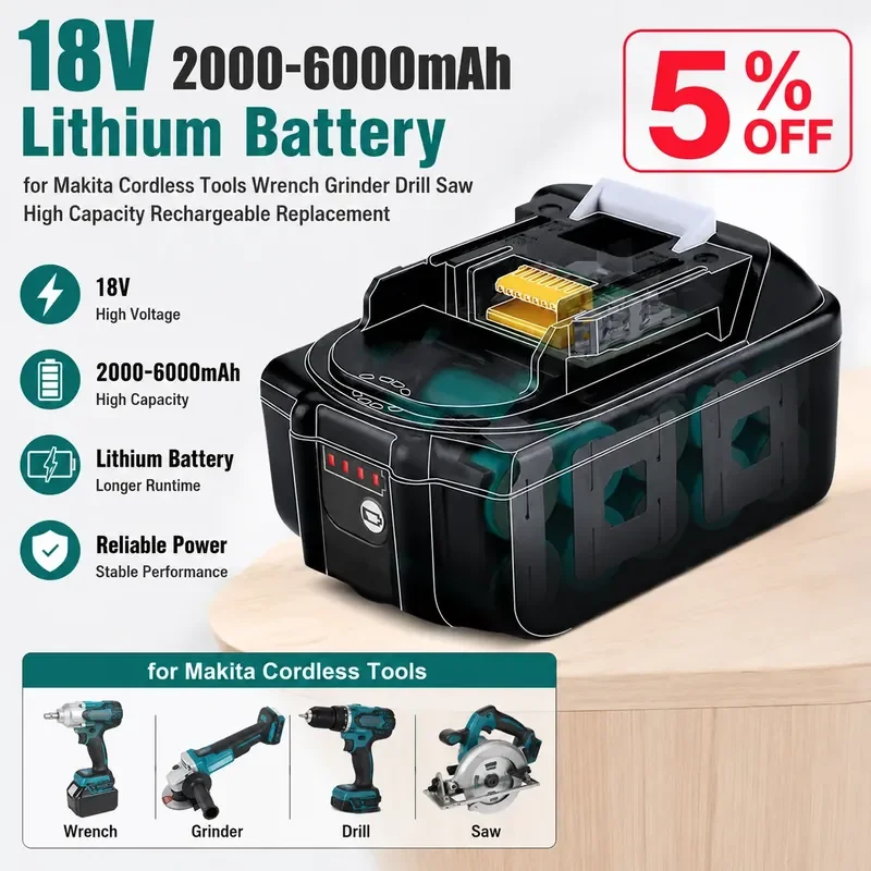 18V 2000-6000mAh Lithium Battery for Makita Cordless Tools Wrench Grinder Drill Saw High Capacity Rechargeable Replacement
18V 2000-6000mAh Lithium Battery for Makita Cordless Tools Wrench Grinder Drill Saw High Capacity Rechargeable Replacement