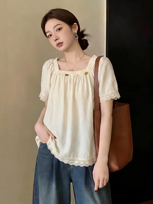 Cute Lace Trimmed Square Collar Short Sleeve Shirt Women's Korean Style Casual Loose Fit Summer New Arrival Doll Shirt
Cute Lace Trimmed Square Collar Short Sleeve Shirt Women's Korean Style Casual Loose Fit Summer New Arrival Doll Shirt