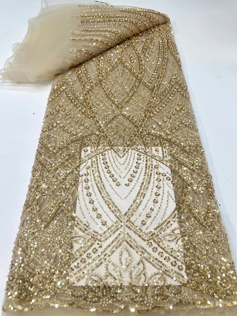 African Golden Bead Lace Fabric High-Quality Nigerian Chiffon Sequin Lace Fabric Suitable For Wedding Party Dress Sewing
African Golden Bead Lace Fabric High-Quality Nigerian Chiffon Sequin Lace Fabric Suitable For Wedding Party Dress Sewing