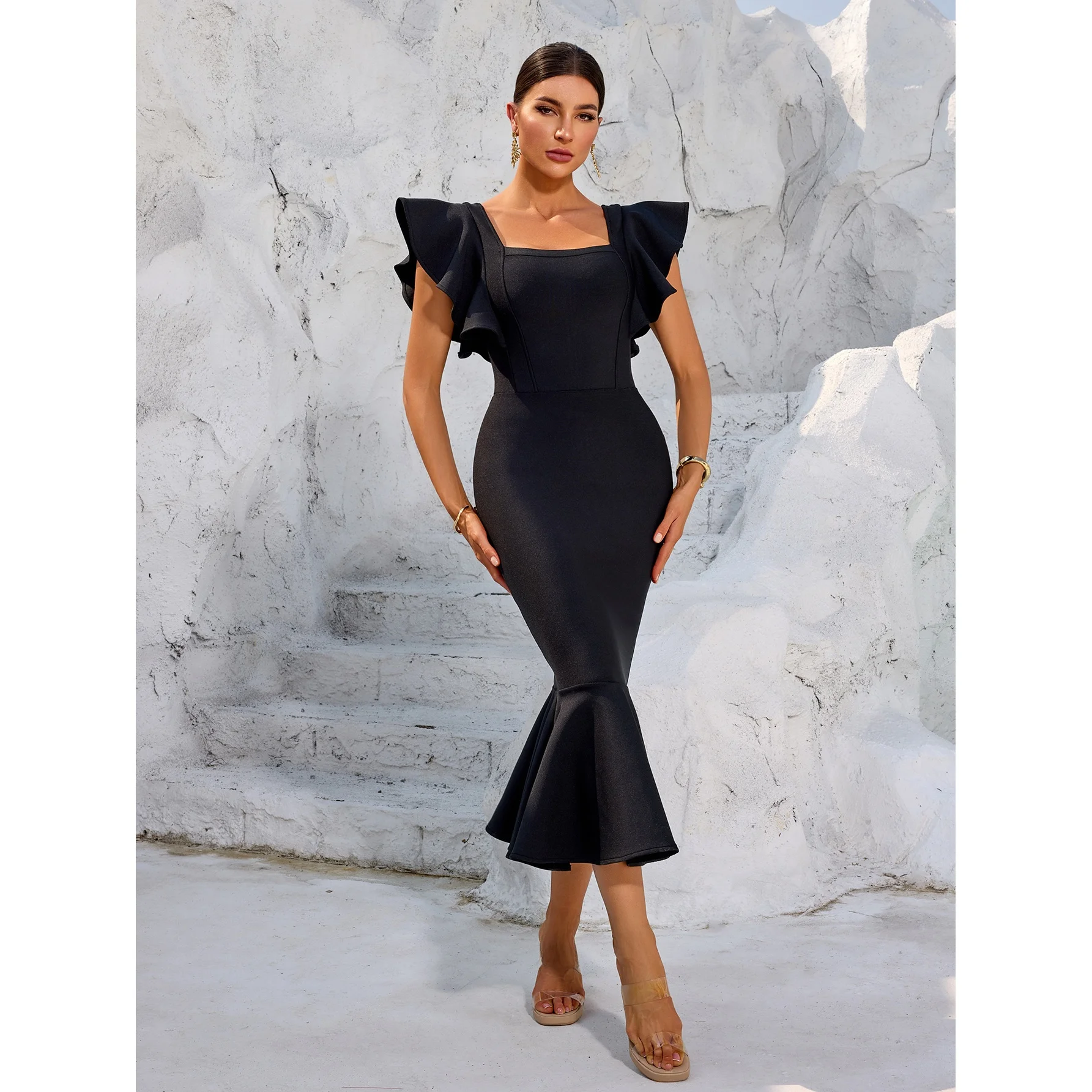 Elegant Black Elastic Bandage Dress Square Collar Fish Tail Evening Gown Casual Party Dress Cocktail Party Performance Wear
Elegant Black Elastic Bandage Dress Square Collar Fish Tail Evening Gown Casual Party Dress Cocktail Party Performance Wear
