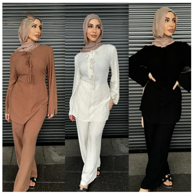 Ramadan Two Piece Sets Tops and Pants Women Muslim Abaya Bow Shirt Dresses Moroccan Kaftan Islamic Musulman Ensembles Sets 2025
Ramadan Two Piece Sets Tops and Pants Women Muslim Abaya Bow Shirt Dresses Moroccan Kaftan Islamic Musulman Ensembles Sets 2025