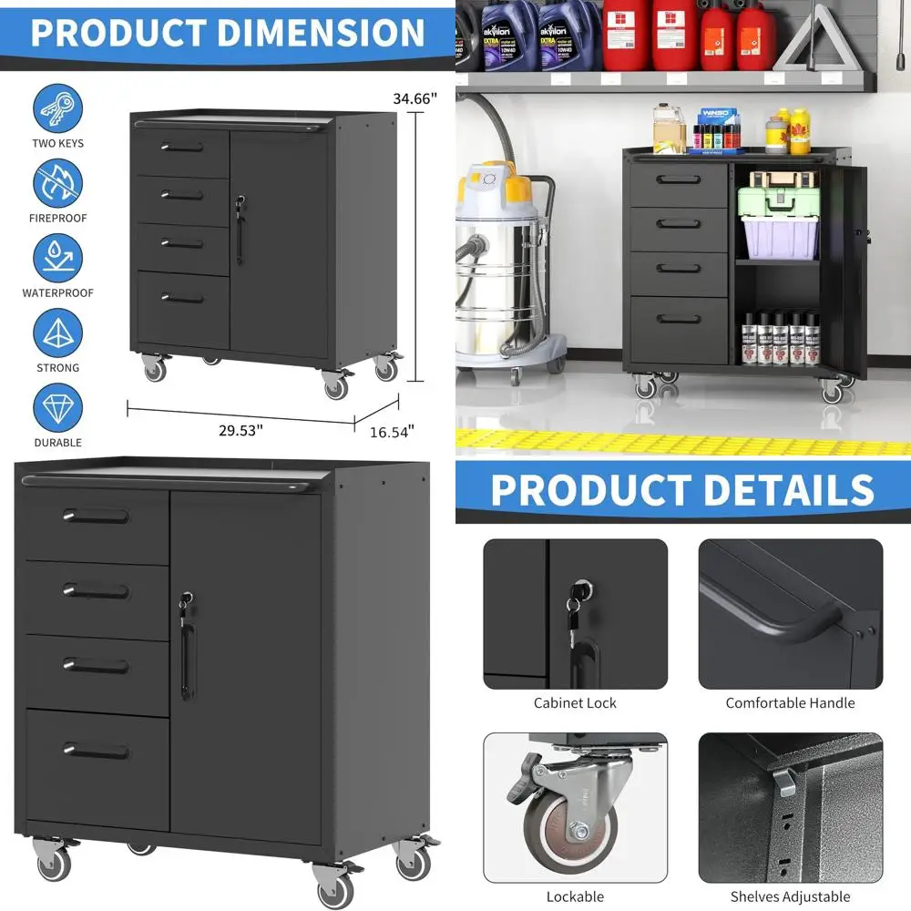 Black Rolling Metal Garage Storage Cabinet with 1 Door and 4 Drawers, Assembly Needed
Black Rolling Metal Garage Storage Cabinet with 1 Door and 4 Drawers, Assembly Needed