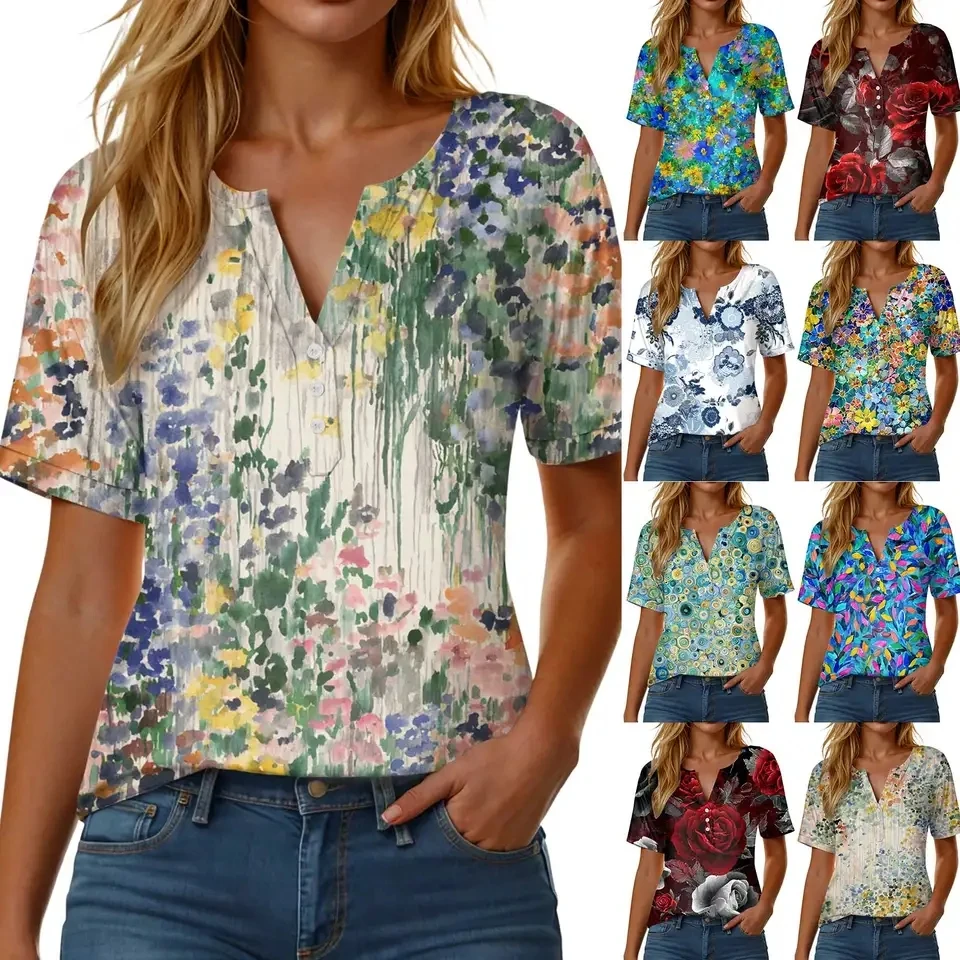 Summer New Floral T-Shirt For Women Casual Daily Printed Tee Tops Female V Neck Button Down Short Sleeved T Shirt Streetwear
Summer New Floral T-Shirt For Women Casual Daily Printed Tee Tops Female V Neck Button Down Short Sleeved T Shirt Streetwear