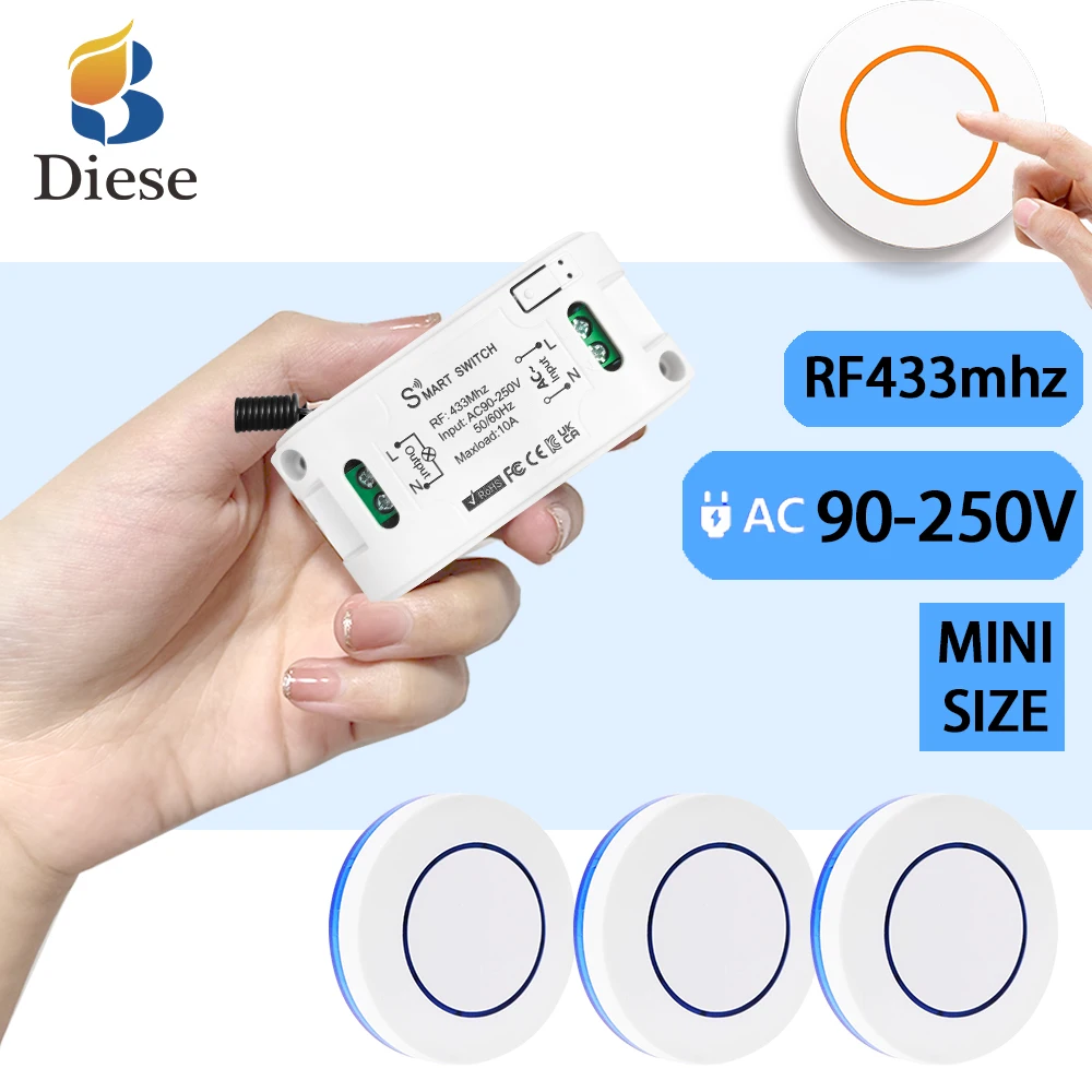 Wireless Remote Control RF433MHz Light Switch AC 110V 220V 10A Mini size Relay Module and Mini Button Receiver for Lamp Fan LED
Wireless Remote Control RF433MHz Light Switch AC 110V 220V 10A Mini size Relay Module and Mini Button Receiver for Lamp Fan LED
