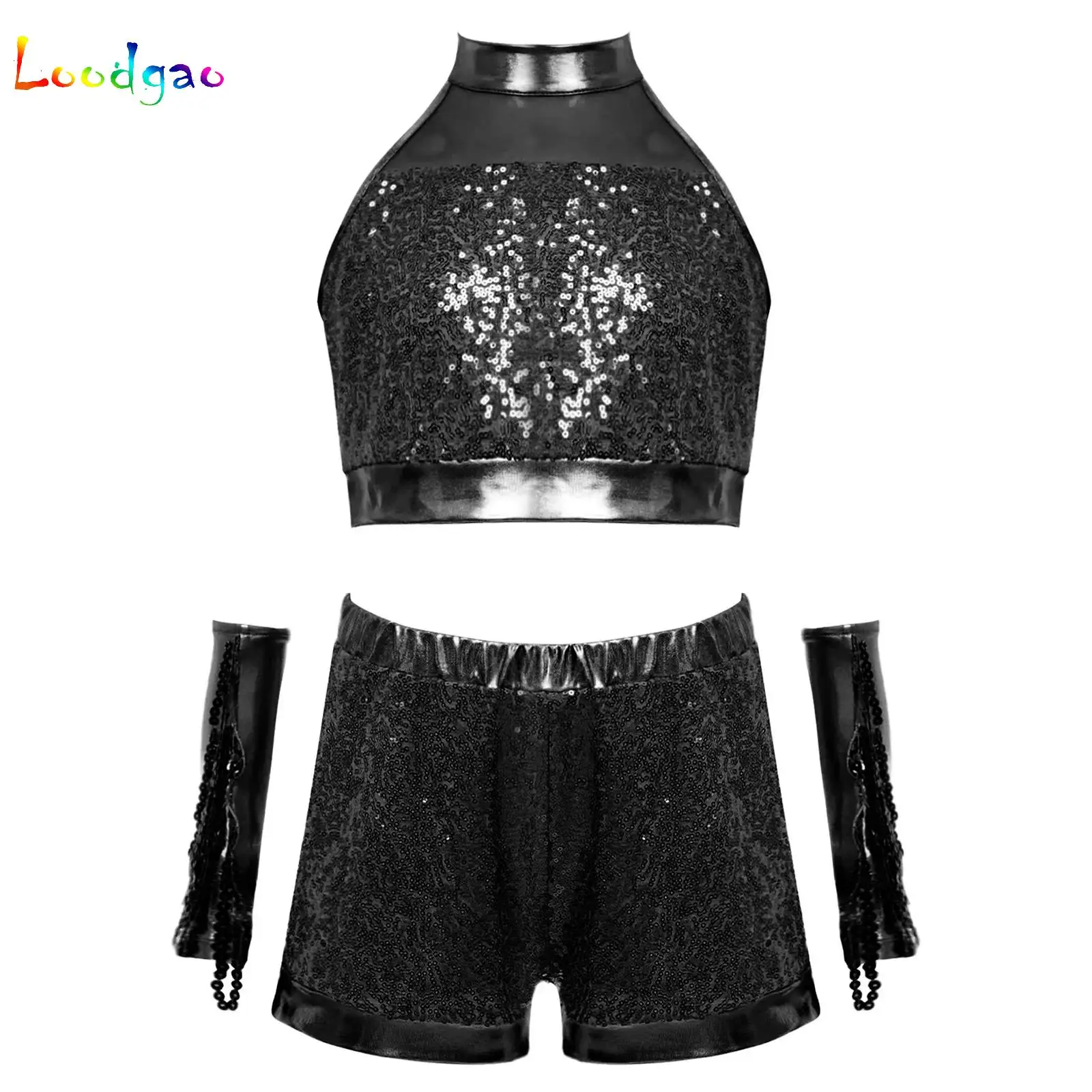 Girl Sequin Jazz Dance Outfits Costume Shiny Metallic Crop Top with Shorts Gloves Set School Basketball Cheerleading Costume
Girl Sequin Jazz Dance Outfits Costume Shiny Metallic Crop Top with Shorts Gloves Set School Basketball Cheerleading Costume