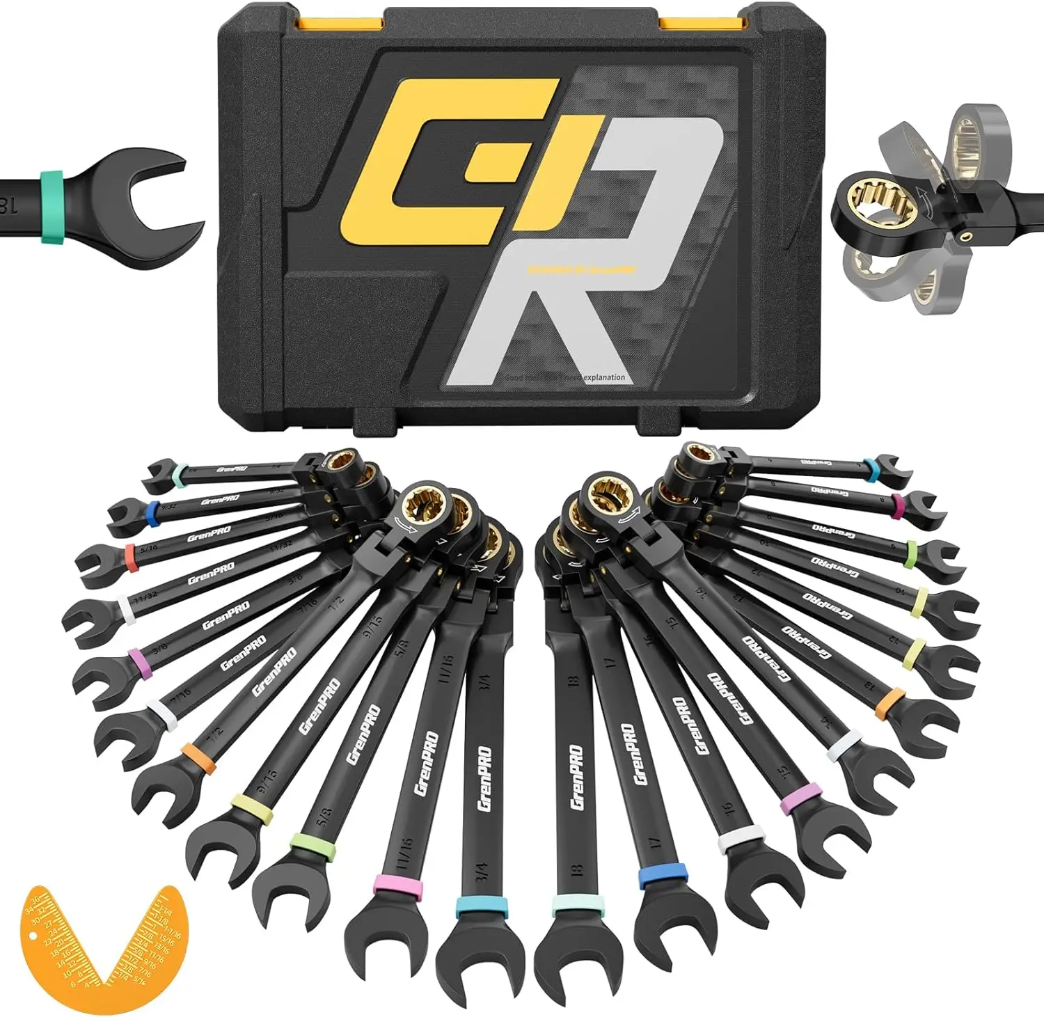 23PCS Flex Head Ratcheting Wrench Set, Metric & SAE, 6-18mm & 1/4"-3/4", with Storage Case
23PCS Flex Head Ratcheting Wrench Set, Metric & SAE, 6-18mm & 1/4"-3/4", with Storage Case