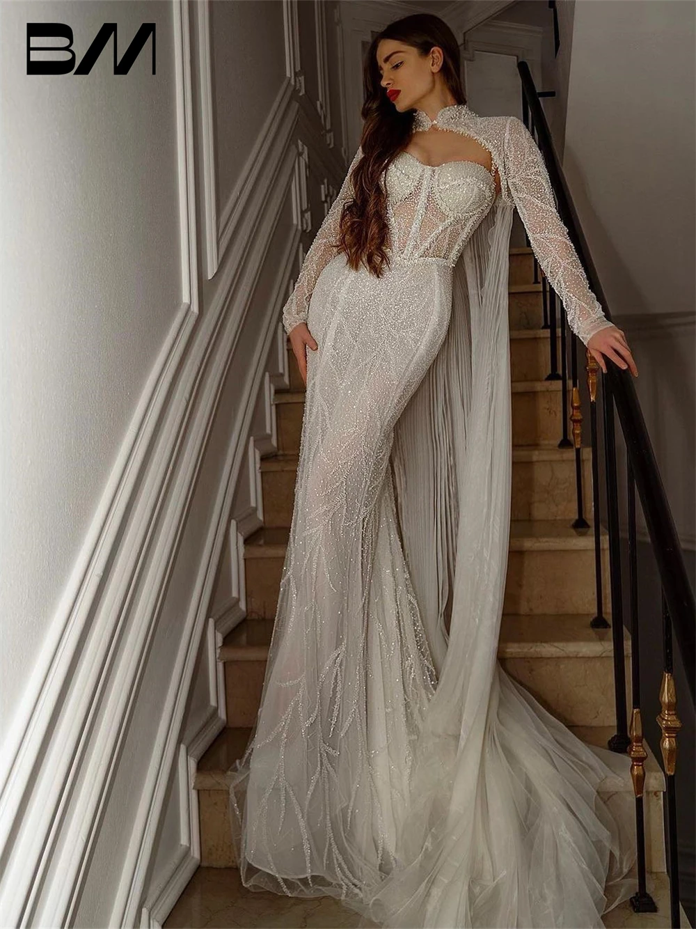 Sparkle Mermaid Wedding Dress With Long Cape Train Strapless Sexy Tulle Bride Dresses Beads Bridal Gown Custom Made
Sparkle Mermaid Wedding Dress With Long Cape Train Strapless Sexy Tulle Bride Dresses Beads Bridal Gown Custom Made