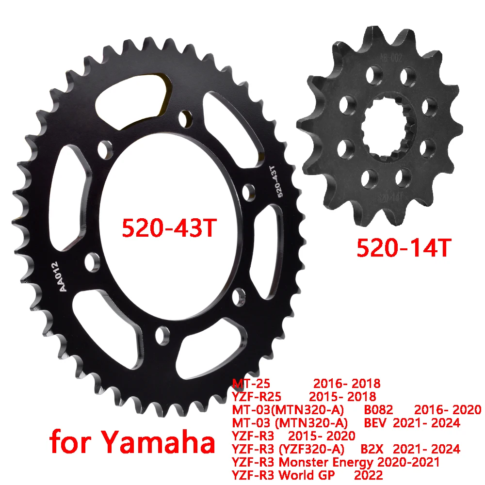 520-43T 520 14T Front Sprocket Gear Wheel for Yamaha MT-25 YZF-R25 2016-2018 MT-03 YZF-R3 YZF320
520-43T 520 14T Front Sprocket Gear Wheel for Yamaha MT-25 YZF-R25 2016-2018 MT-03 YZF-R3 YZF320