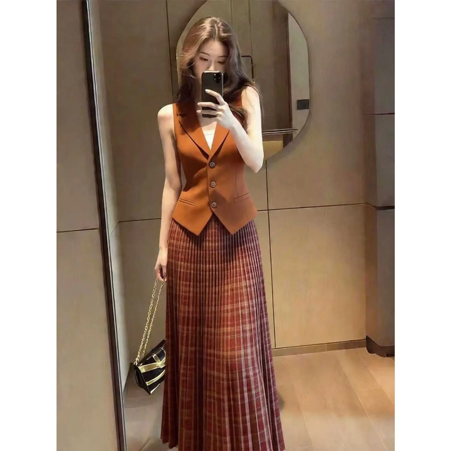 Women 2 Piece Co Ord Set Sleeveless Lapel Waistcoat Plaid Pleated Midi Skirt Caramel Vintage Elegant Office Matching Outfits
Women 2 Piece Co Ord Set Sleeveless Lapel Waistcoat Plaid Pleated Midi Skirt Caramel Vintage Elegant Office Matching Outfits