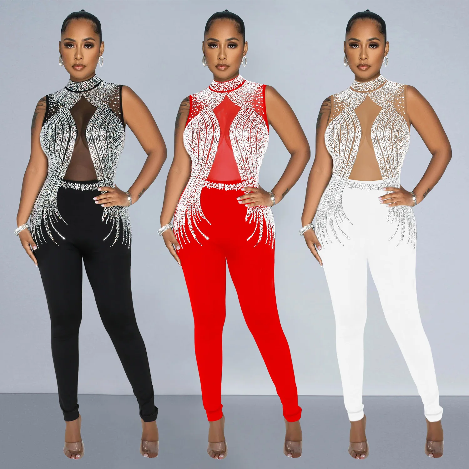 Women's Diamond Sleeveless Jumpsuit, Long Pants, Monochromatic, Hot, Mesh, European and American Fashion
Women's Diamond Sleeveless Jumpsuit, Long Pants, Monochromatic, Hot, Mesh, European and American Fashion
