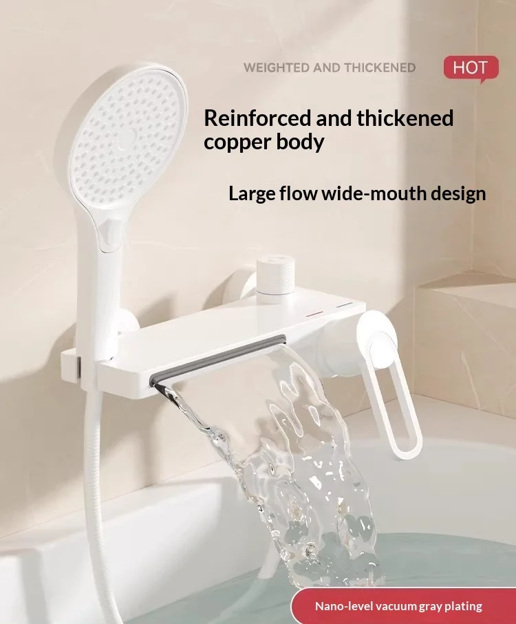 White bathtub faucet mixer valve, waterfall-style hot and cold bathroom shower all-copper wall-mounted faucet
White bathtub faucet mixer valve, waterfall-style hot and cold bathroom shower all-copper wall-mounted faucet