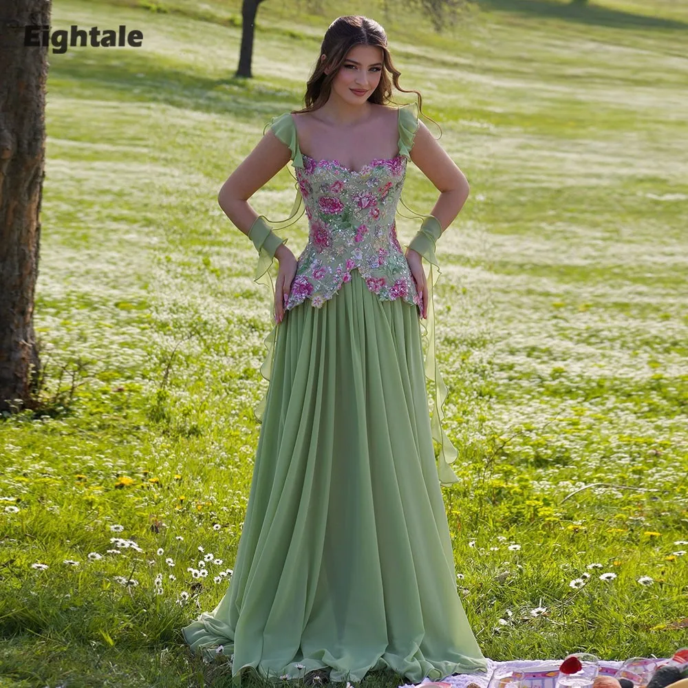 Eightale Arabic Evening Dress Spaghetti Strap Chiffon A-Line Flowers Green Prom Party Gown Customized Robes de soirée
Eightale Arabic Evening Dress Spaghetti Strap Chiffon A-Line Flowers Green Prom Party Gown Customized Robes de soirée