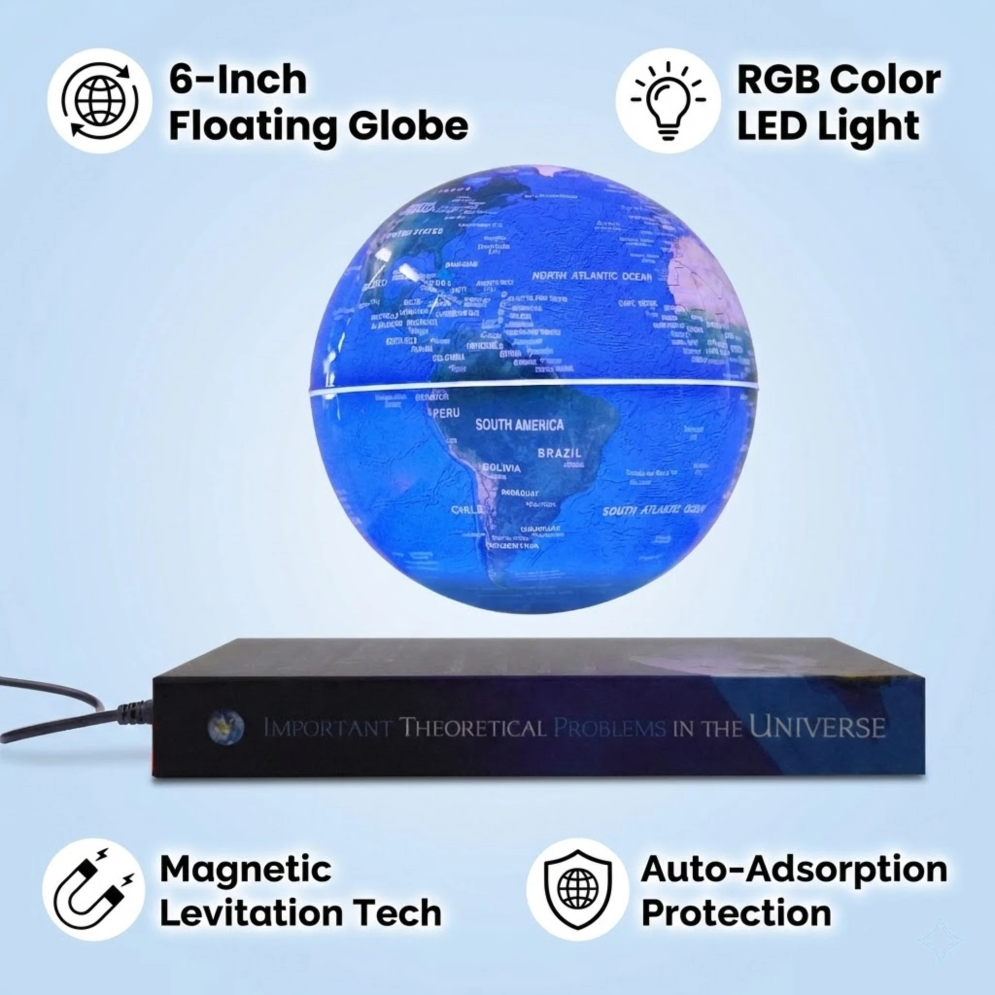 Anti-Gravity Magnetic Levitation Globe with RGB Color Changing LED 6 Inch Floating Earth Map for Home Office Decoration
Anti-Gravity Magnetic Levitation Globe with RGB Color Changing LED 6 Inch Floating Earth Map for Home Office Decoration