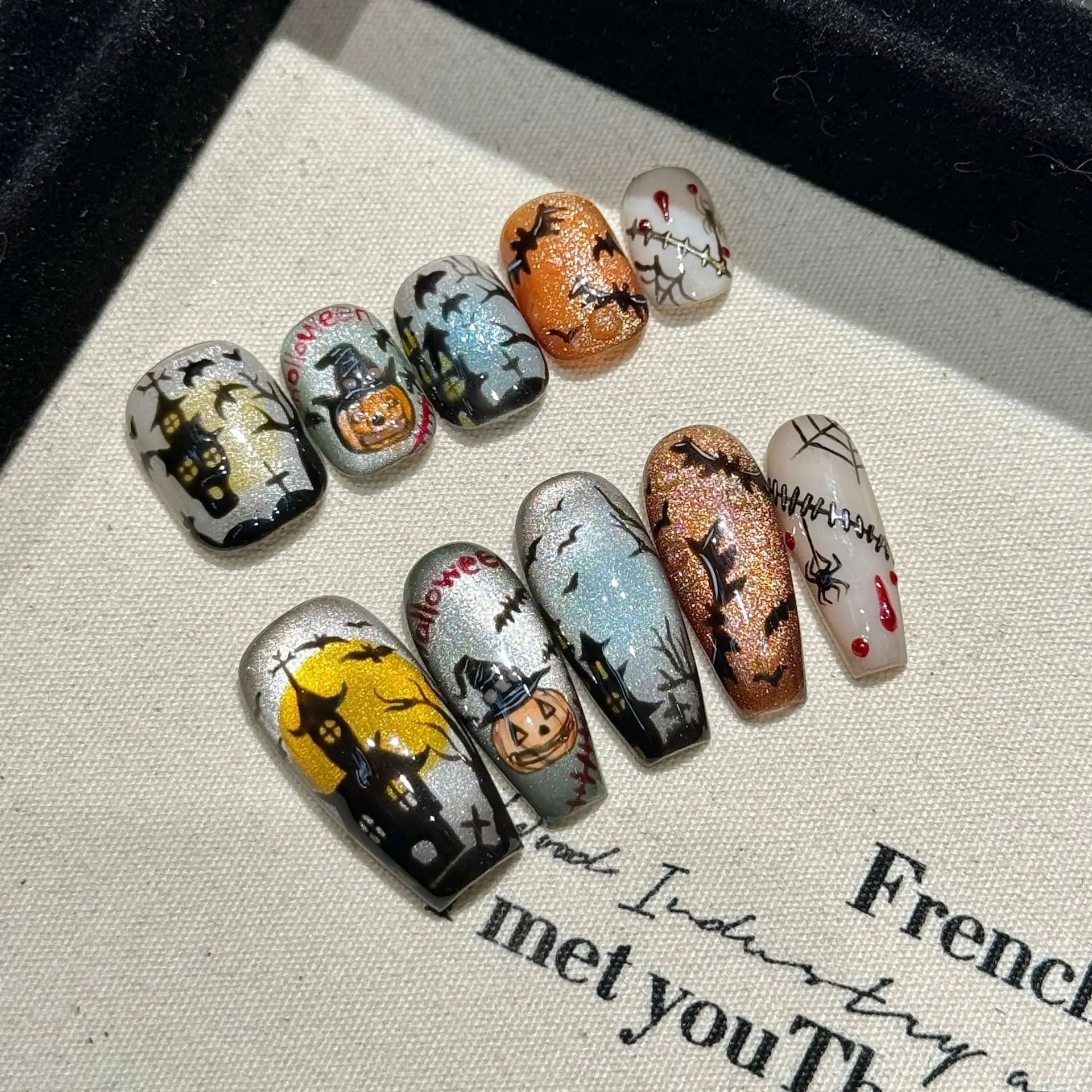 10pcs Halloween Theme Press On Nails Handmade Horror Pumpkin Bat Spider Web Designs Fake Nail Tips Glitter Colorful False Nails
10pcs Halloween Theme Press On Nails Handmade Horror Pumpkin Bat Spider Web Designs Fake Nail Tips Glitter Colorful False Nails