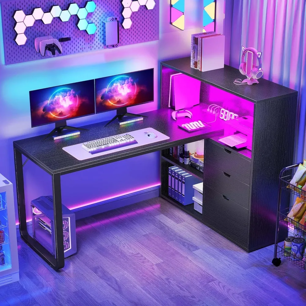 L-shaped Desk with Drawers and Power Outlets, 55-inch Computer Desk, Home Desk with Bookshelf, Storage Shelf and LED Light
L-shaped Desk with Drawers and Power Outlets, 55-inch Computer Desk, Home Desk with Bookshelf, Storage Shelf and LED Light