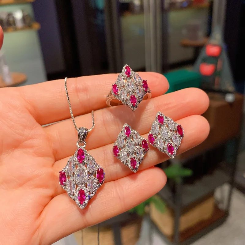 Pigeon Blood Ruby Ring Three-Piece Set Red Corundum Necklace Pendant Zircon Earrings
Pigeon Blood Ruby Ring Three-Piece Set Red Corundum Necklace Pendant Zircon Earrings