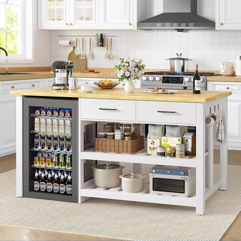 60 White Solid Rubberwood Kitchen Island with Storage, Coffee Bar, Power Outlets, and Open Shelves
60 White Solid Rubberwood Kitchen Island with Storage, Coffee Bar, Power Outlets, and Open Shelves