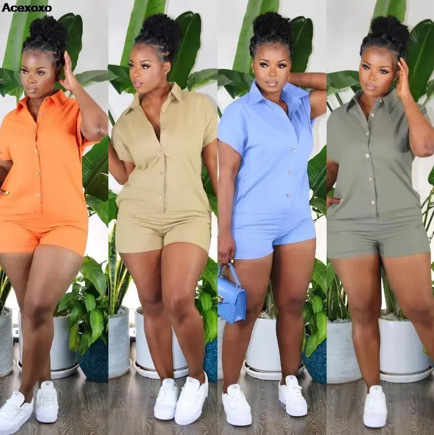 Summer new women's casual solid color button short sleeve shorts two-piece set
Summer new women's casual solid color button short sleeve shorts two-piece set