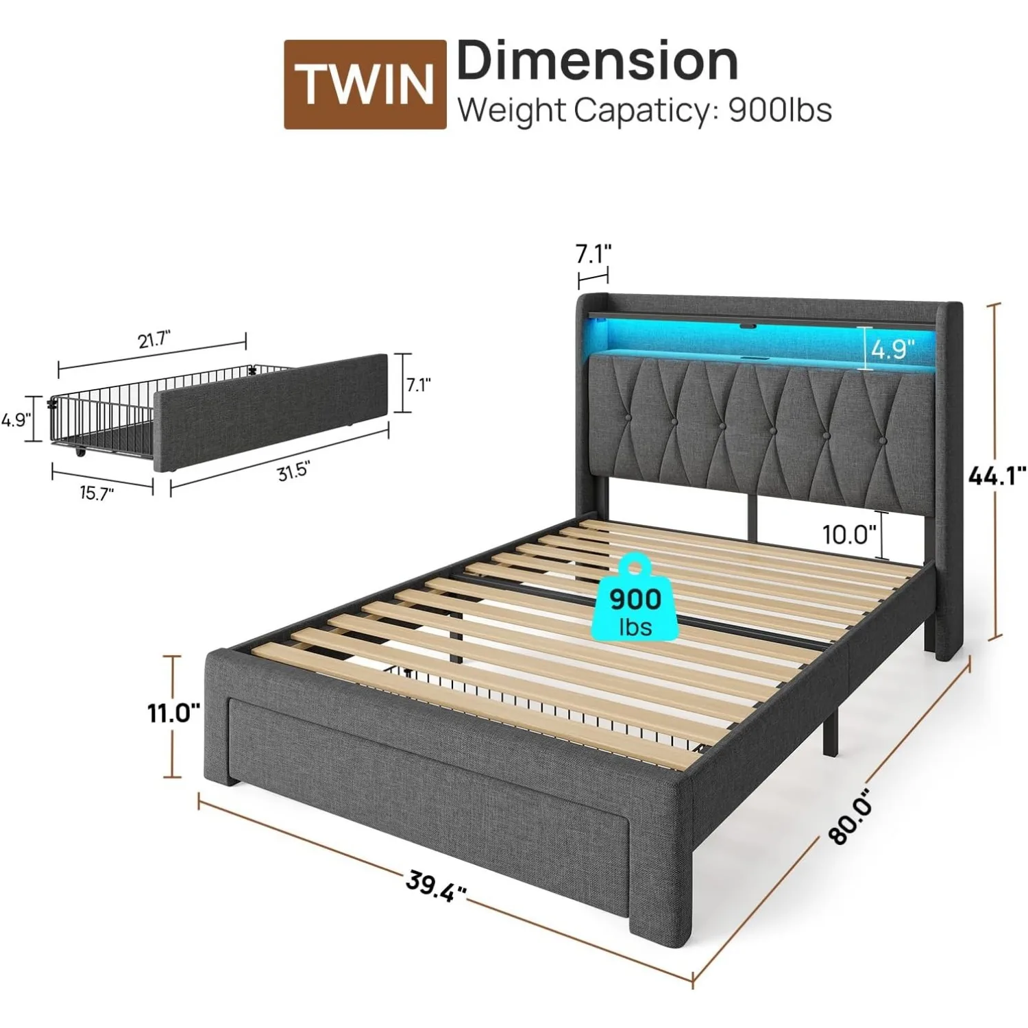 Rolanstar Twin Bed Frame with Drawer, Storage Headboard with Charging Station and LED Lights, Upholstered Bed,Customized
Rolanstar Twin Bed Frame with Drawer, Storage Headboard with Charging Station and LED Lights, Upholstered Bed,Customized