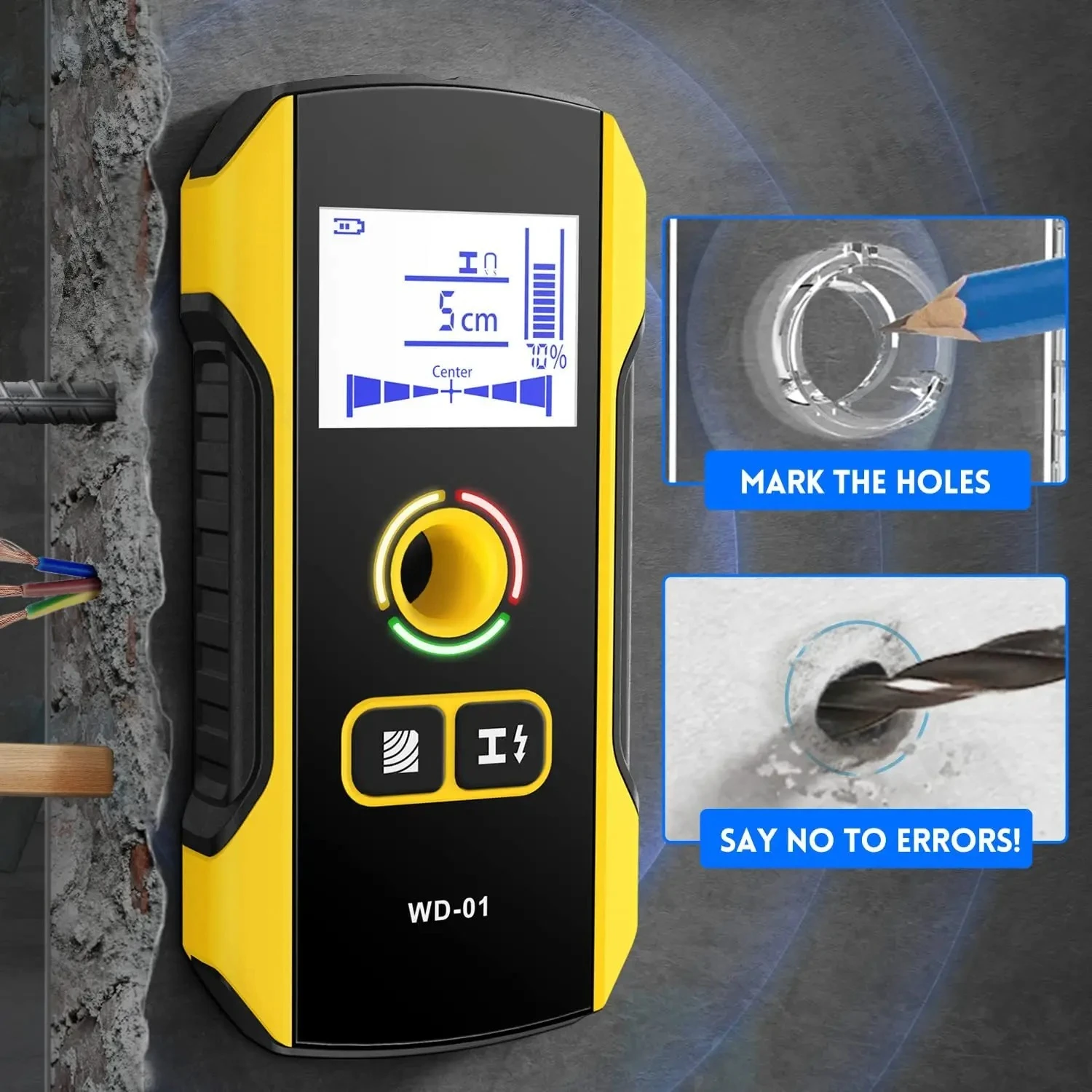 6 in 1 Electronic Wood Metal Stud Finder Wall Scanner Detector Positioning Hole for Edge of Wood Joist Pipe AC Wire and Center
6 in 1 Electronic Wood Metal Stud Finder Wall Scanner Detector Positioning Hole for Edge of Wood Joist Pipe AC Wire and Center
