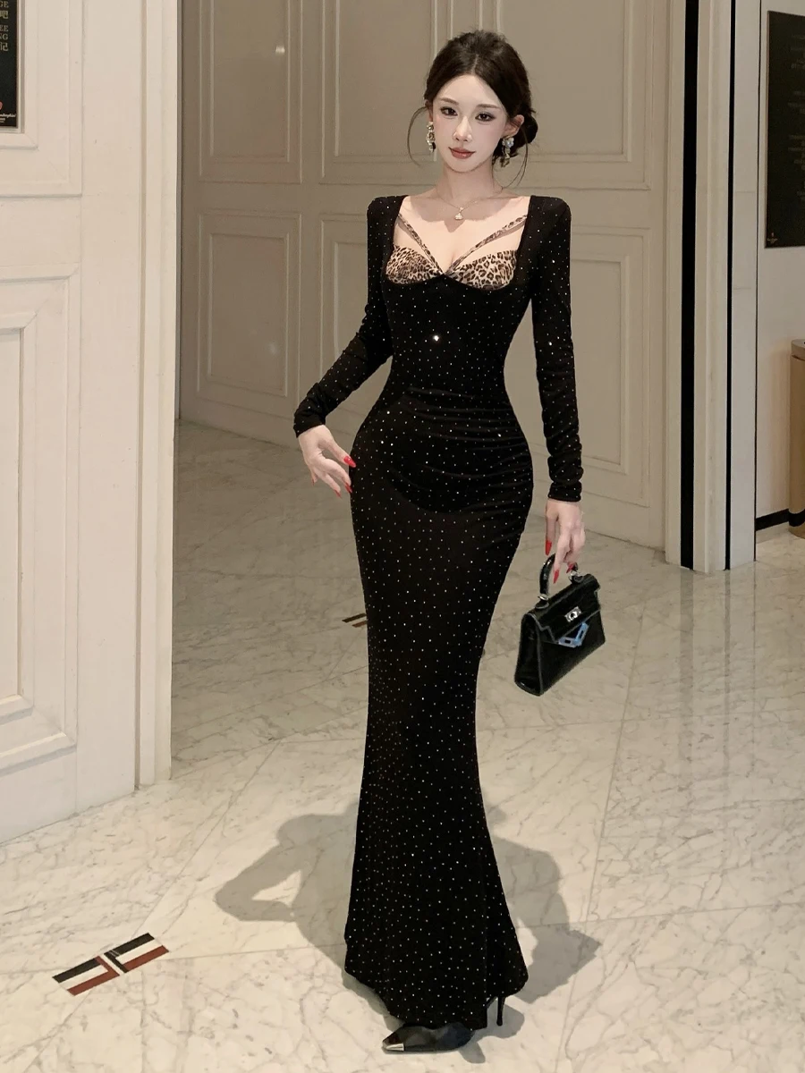 French Style High Waist Long Sleeve Leopard Print Dress Sexy Square Collar Diamond Embellished Bodycon Gown for Date And Party
French Style High Waist Long Sleeve Leopard Print Dress Sexy Square Collar Diamond Embellished Bodycon Gown for Date And Party