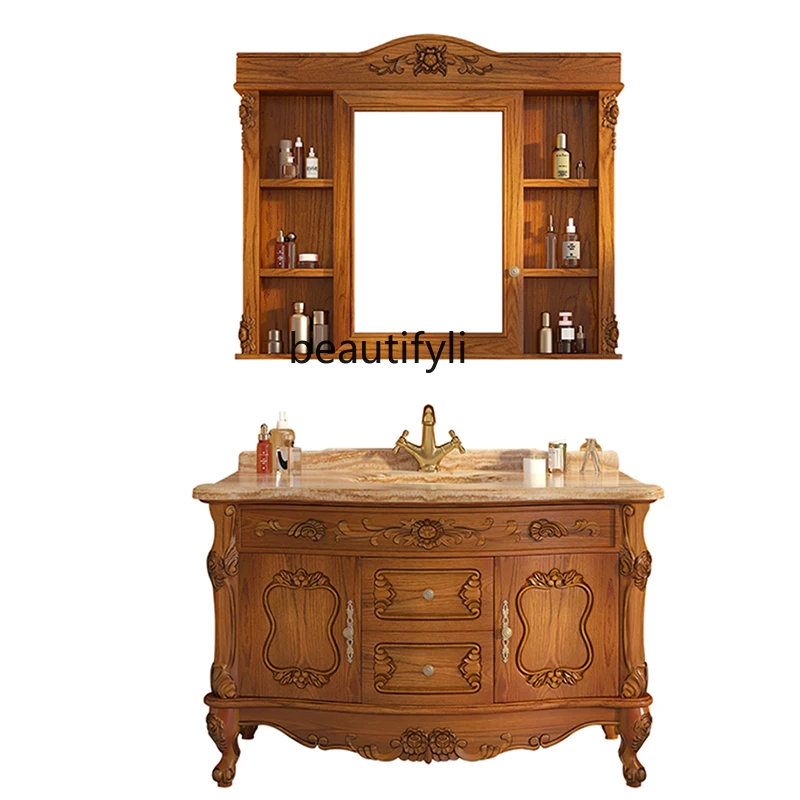European-Style Bathroom Cabinet Red Oak Antique Bathroom Cabinet Solid Wood Marble Wash Basin Cabinet Combination
European-Style Bathroom Cabinet Red Oak Antique Bathroom Cabinet Solid Wood Marble Wash Basin Cabinet Combination