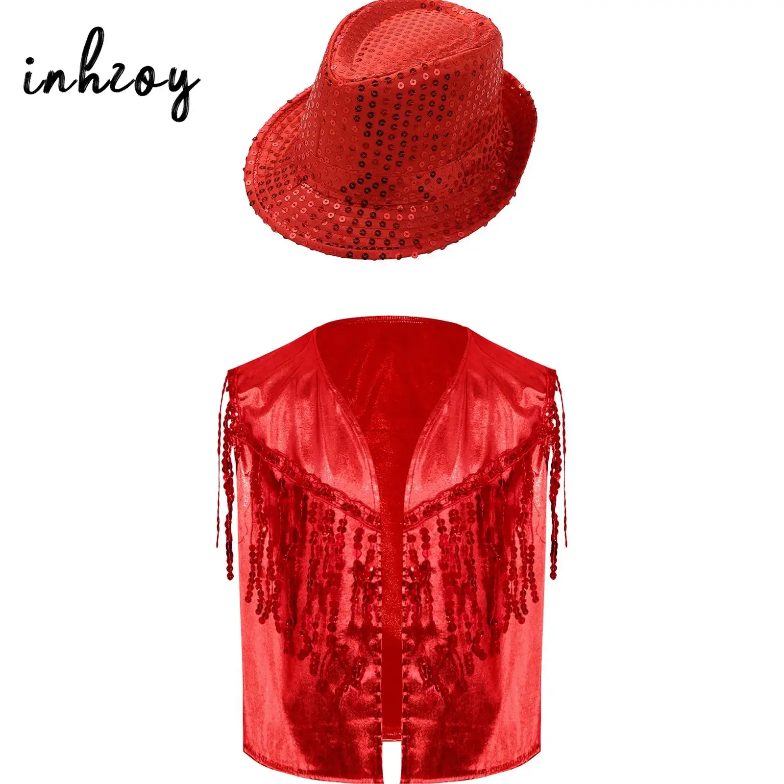 Girls Jazz Dance Shows Costume Sparkling Sequin Tassel Waistcoat Metallic Vest Open Front Sleeveless Jacket with Sequins Hat
Girls Jazz Dance Shows Costume Sparkling Sequin Tassel Waistcoat Metallic Vest Open Front Sleeveless Jacket with Sequins Hat
