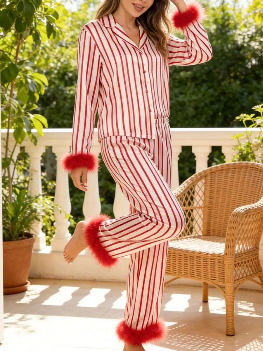 Women Striped Satin Pajama Set With Feather Trim Button Down Long Sleeve Top And Pants
Women Striped Satin Pajama Set With Feather Trim Button Down Long Sleeve Top And Pants