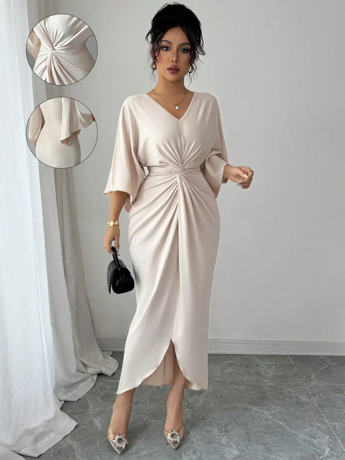 Элегантное трикотажное платье миди с V-образным вырезом, узором «косы» и рукавами «летучая мышь» для женщин
Элегантное трикотажное платье миди с V-образным вырезом, узором «косы» и рукавами «летучая мышь» для женщин