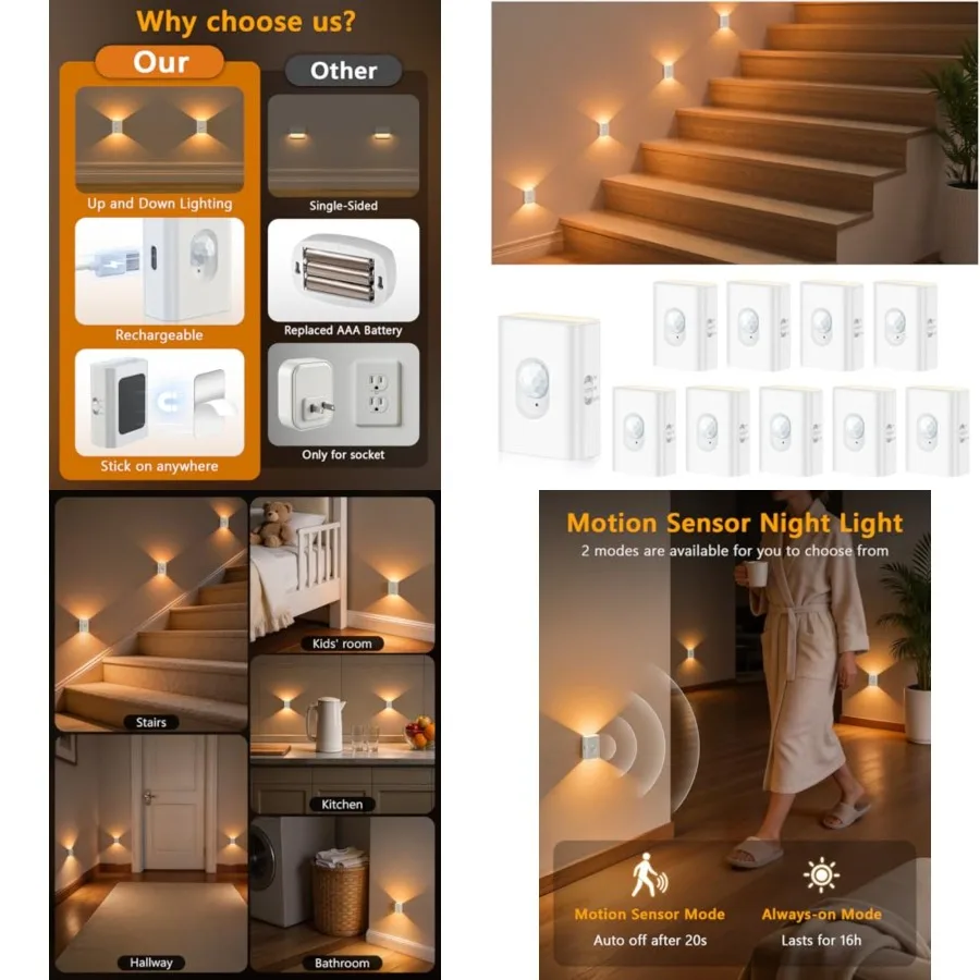 Rechargeable Motion Sensor Night Lights for Stairs, 10 Pack Wireless Magnetic Stick-On Battery Lights for Hallway, Bedroom, Clo
Rechargeable Motion Sensor Night Lights for Stairs, 10 Pack Wireless Magnetic Stick-On Battery Lights for Hallway, Bedroom, Clo
