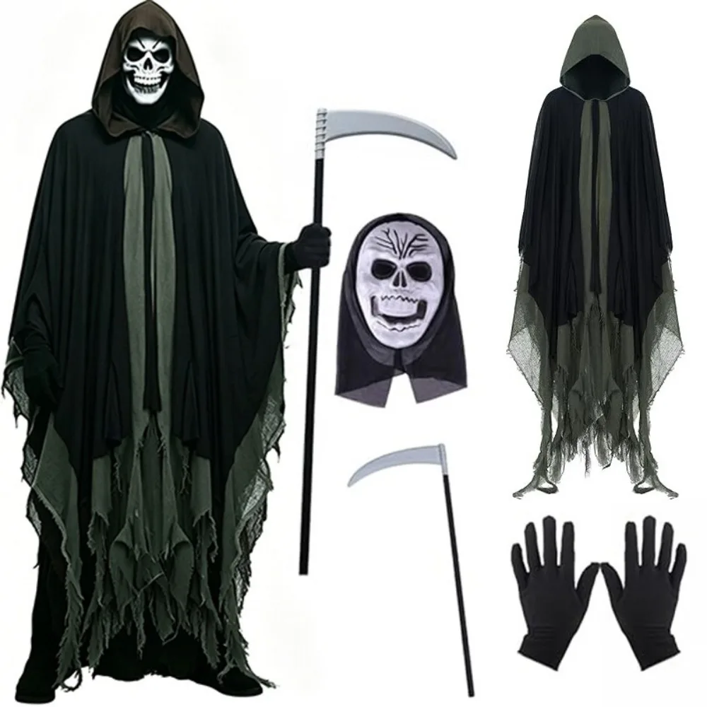 Halloween Cosplay Outfit Spooky Grim Reaper Long Tattered Hooded Robe Horror Torn Costume For Haunted House Stage Role Play
Halloween Cosplay Outfit Spooky Grim Reaper Long Tattered Hooded Robe Horror Torn Costume For Haunted House Stage Role Play
