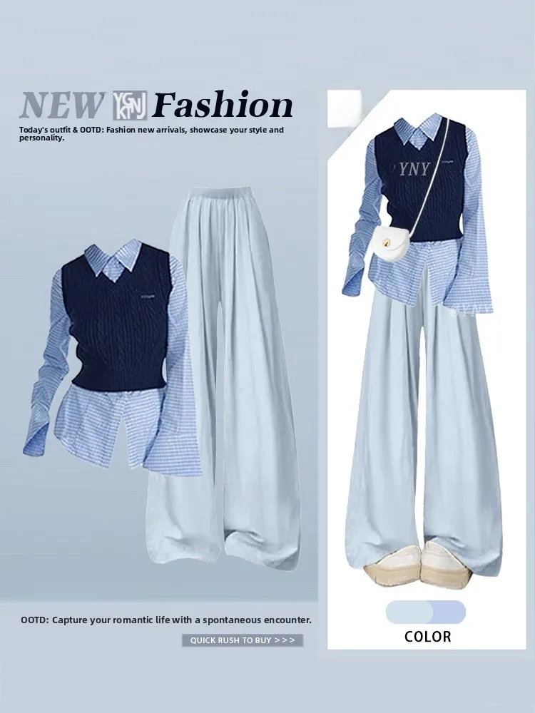 Blue Casual Knitted Pants Long Walks Women's Striped Shirt Knitted Vest Autumn Season College Style Long Sleeve Neck Set
Blue Casual Knitted Pants Long Walks Women's Striped Shirt Knitted Vest Autumn Season College Style Long Sleeve Neck Set