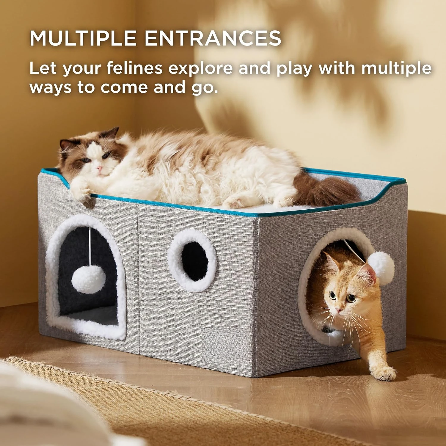 Wide Cat House for Indoor Cats - Large Cat Cave for Pet Cat House with Fluffy Ball Hanging and Scratch Pad
Wide Cat House for Indoor Cats - Large Cat Cave for Pet Cat House with Fluffy Ball Hanging and Scratch Pad
