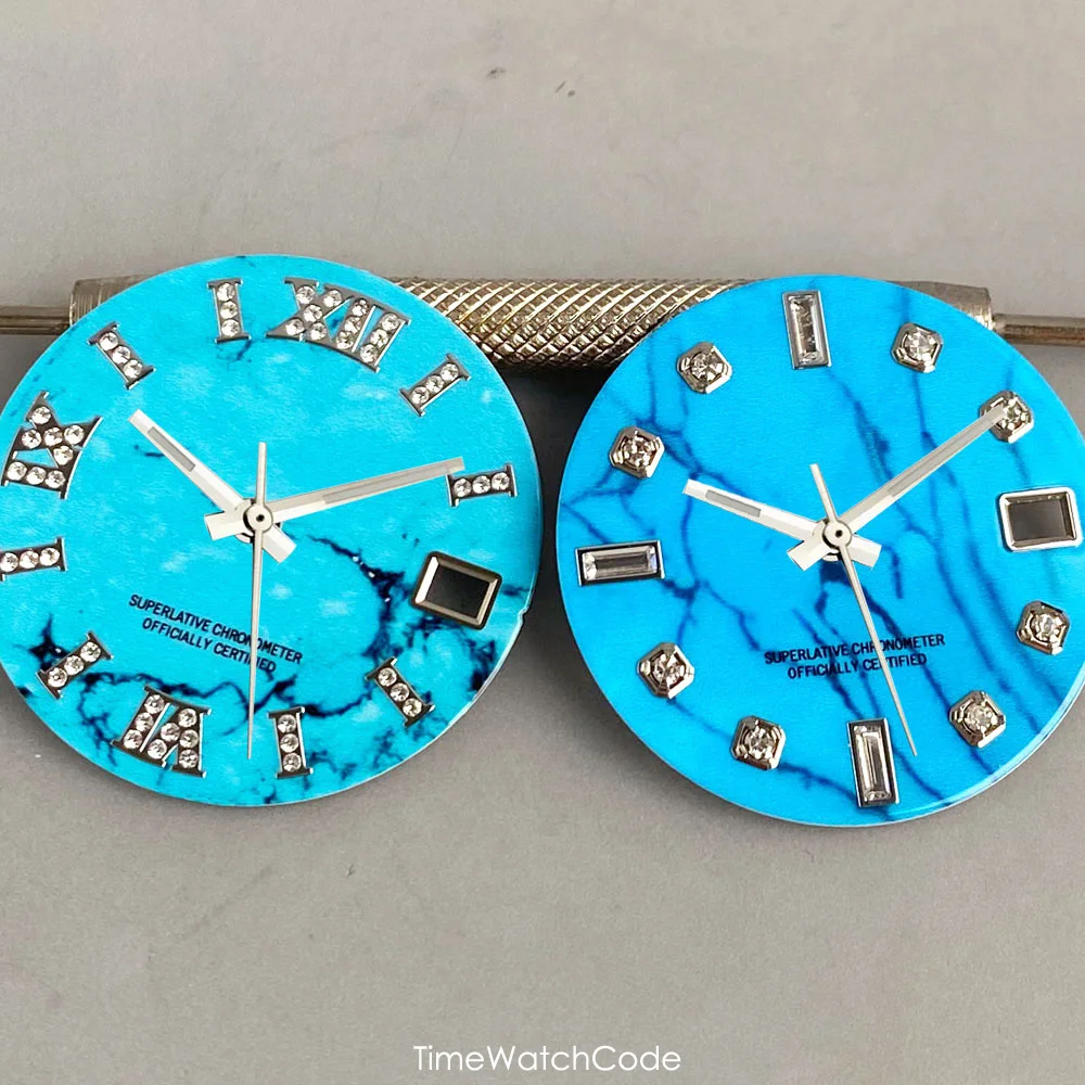 28.5mm Blue Watch Dial Luxury Diamond Index Roman Numerals MOD Accessories for NH35 NH36 NH38 NH70 NH71 NH72 4R35 4R36 Movement
28.5mm Blue Watch Dial Luxury Diamond Index Roman Numerals MOD Accessories for NH35 NH36 NH38 NH70 NH71 NH72 4R35 4R36 Movement
