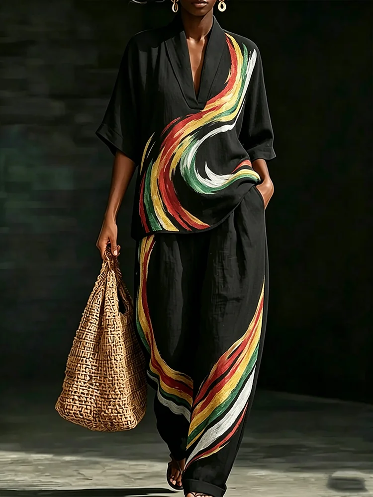 Women's Vintage Rainbow Print 2 Piece Set V Neck Loose Blouse & Wide Leg Pants Summer Daily Vacation Matching Suit Outfit
Women's Vintage Rainbow Print 2 Piece Set V Neck Loose Blouse & Wide Leg Pants Summer Daily Vacation Matching Suit Outfit