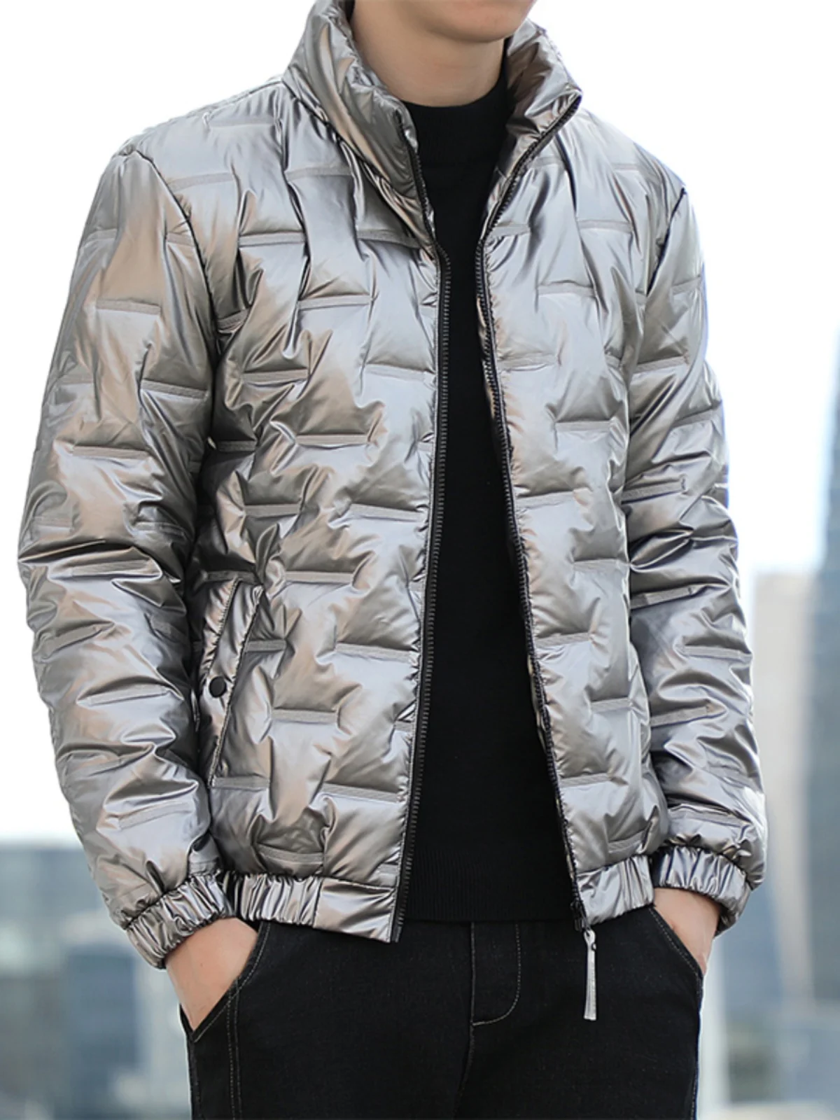 Glossy Men's down Jacket Reflective Silver Grey Youth Cotton Coat Winter Non-Washable CleanFit Standard Length Casual Wear
Glossy Men's down Jacket Reflective Silver Grey Youth Cotton Coat Winter Non-Washable CleanFit Standard Length Casual Wear