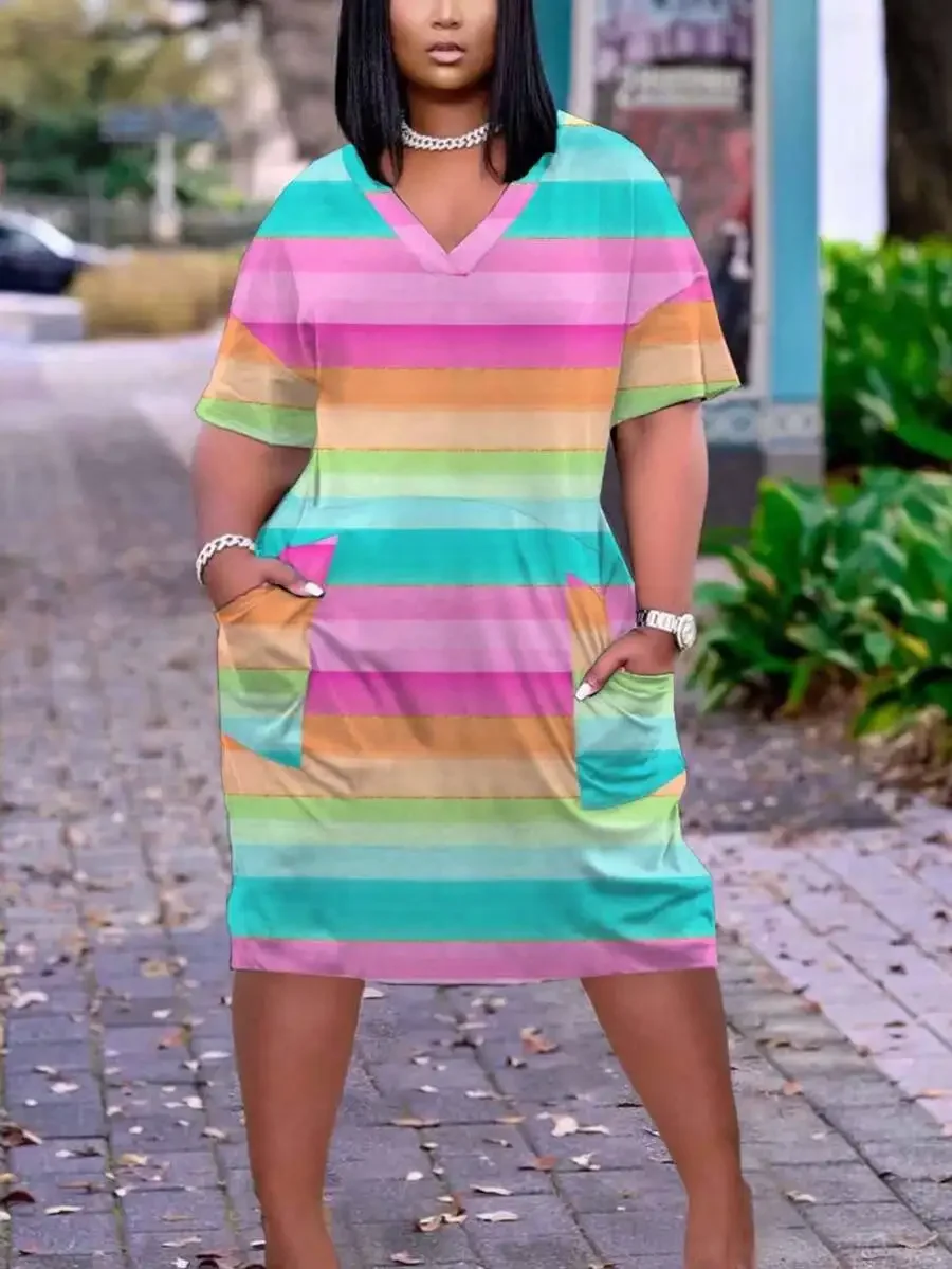 Plus Size Women Colorful Rainbow Stripe V Neck Loose Short Sleeve Dress Bohemian Vintage Casual Summer
Plus Size Women Colorful Rainbow Stripe V Neck Loose Short Sleeve Dress Bohemian Vintage Casual Summer