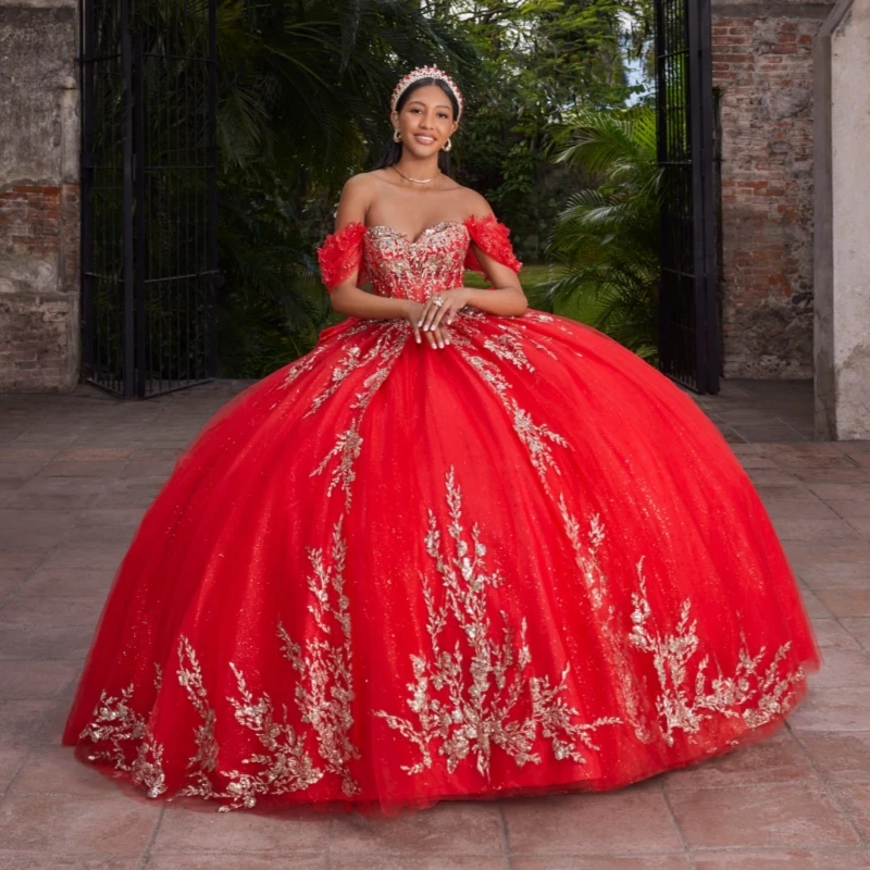 Red Shiny Princess Off the Shoulder Sweet 16 Dress Quinceanera Dresses Gold Applique Lace Beading Bow Tull Party Birthday Vestid
Red Shiny Princess Off the Shoulder Sweet 16 Dress Quinceanera Dresses Gold Applique Lace Beading Bow Tull Party Birthday Vestid