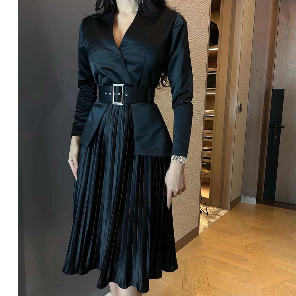 Customized Elegant Sashes V-Neck Jersey Long Sleeves Evening Dress Classic A-Line Knee Length Celebrity Gowns Vestido
Customized Elegant Sashes V-Neck Jersey Long Sleeves Evening Dress Classic A-Line Knee Length Celebrity Gowns Vestido