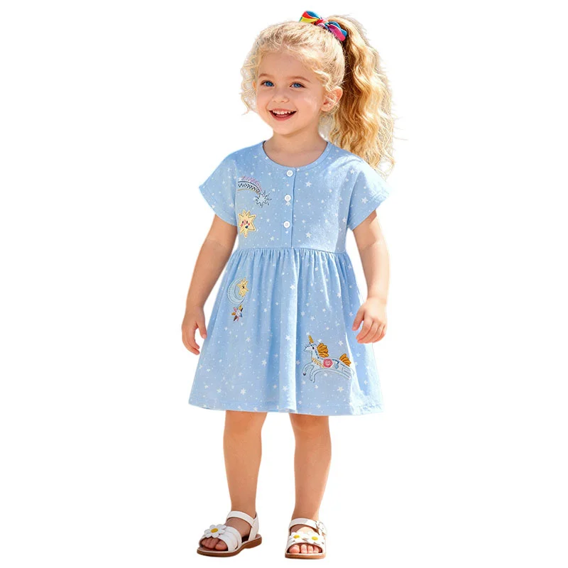 Summer Short Sleeve Girls Dress 2-7T Embroidery Applique Stars Baby Girls Party Birthday Frock with Buttons Kids Wear
Summer Short Sleeve Girls Dress 2-7T Embroidery Applique Stars Baby Girls Party Birthday Frock with Buttons Kids Wear