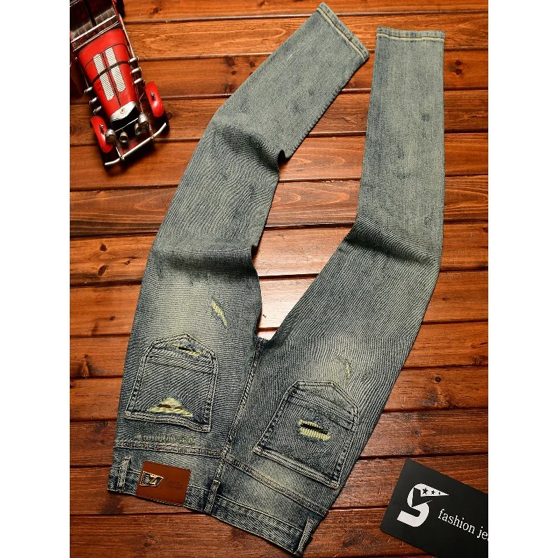 Ripped patch jeans for men, scraped denim, retro street style handsome men's clothing, elastic slim fit small leg pants
Ripped patch jeans for men, scraped denim, retro street style handsome men's clothing, elastic slim fit small leg pants