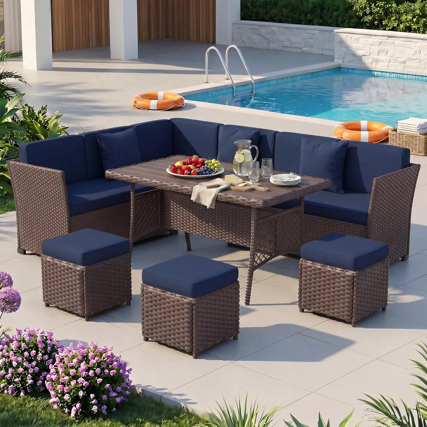 7 Piece Patio Furniture Set All Weather Rattan Sectional Sofa Dining Table Ottoman Outdoor Use Brown Navy Customized
7 Piece Patio Furniture Set All Weather Rattan Sectional Sofa Dining Table Ottoman Outdoor Use Brown Navy Customized