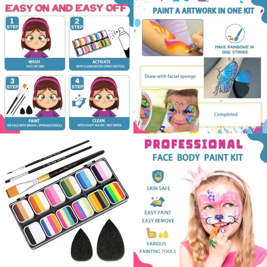 Наборы для фейс-арта профессиональные: палитра 1-2-12 цветов, активируемая водой краска для тела, 3 кисти, 2 спонжа, нетоксичная
Наборы для фейс-арта профессиональные: палитра 1-2-12 цветов, активируемая водой краска для тела, 3 кисти, 2 спонжа, нетоксичная
