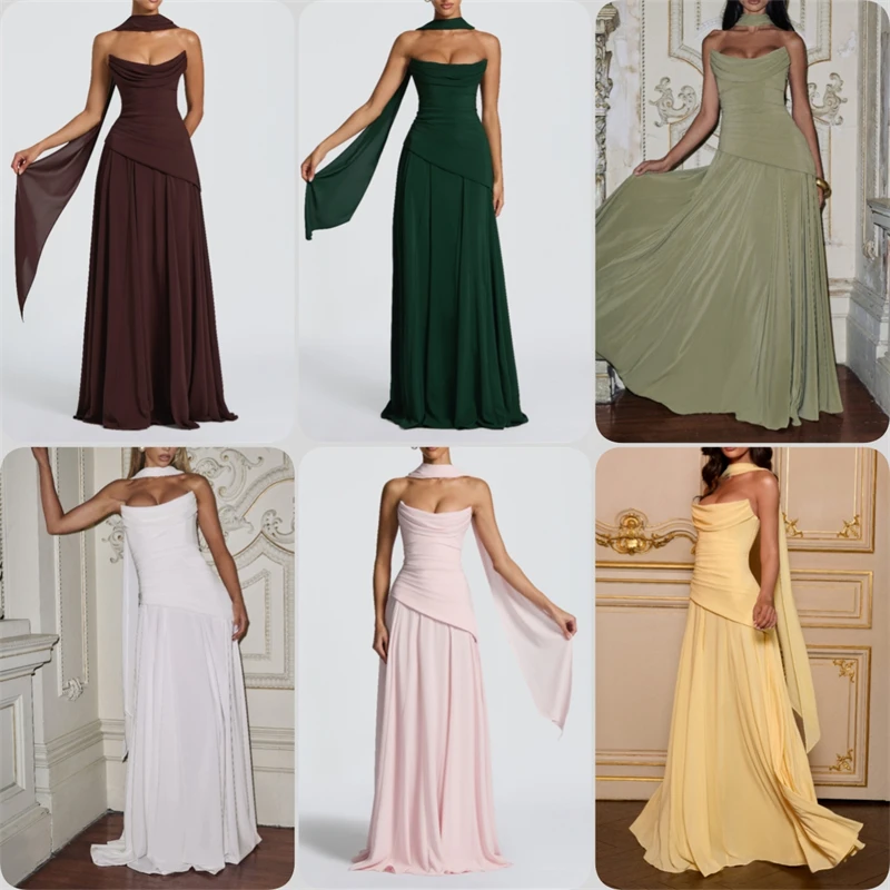 Women Elegant Strapless Chiffon Maxi Dress with Scarf Solid Ruched Long Evening Gown Lady Chic Wedding Guest Bridesmaid Party
Women Elegant Strapless Chiffon Maxi Dress with Scarf Solid Ruched Long Evening Gown Lady Chic Wedding Guest Bridesmaid Party