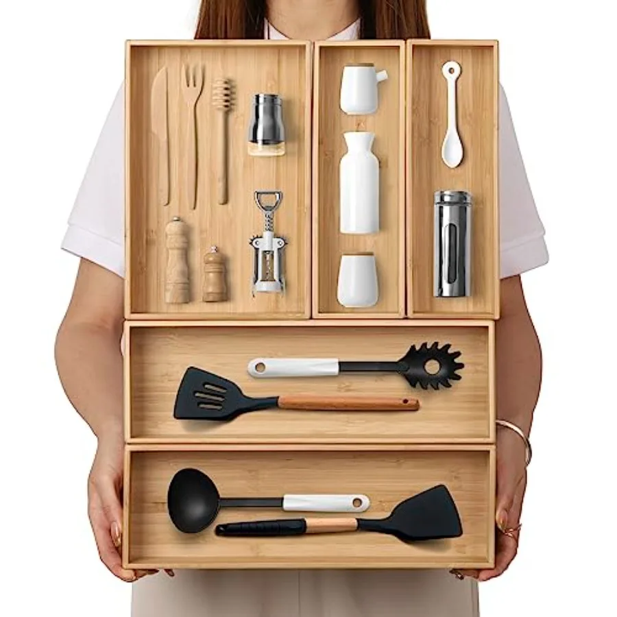 Stack Bamboo Drawer Organizer Set of 5 Kitchen Utensil FlatwareandSilverware Organizer-Wood Laminated Stackable for Kitchen Bed
Stack Bamboo Drawer Organizer Set of 5 Kitchen Utensil FlatwareandSilverware Organizer-Wood Laminated Stackable for Kitchen Bed